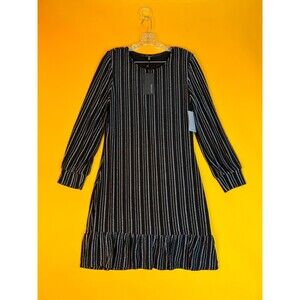 19 Cooper Long Sleeve Dress Ruffle Hem Womens XL Black Silver Striped Mini NWT